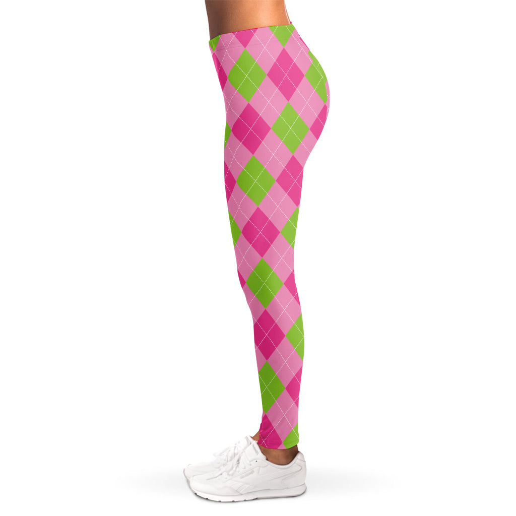 Green And Pink Argyle Pattern Print Women's Leggings