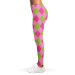 Green And Pink Argyle Pattern Print Women's Leggings