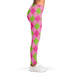 Green And Pink Argyle Pattern Print Women's Leggings