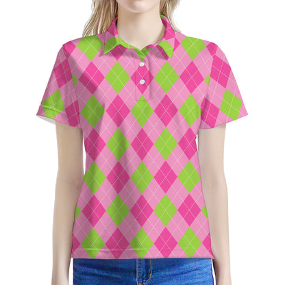 Green And Pink Argyle Pattern Print Women's Polo Shirt