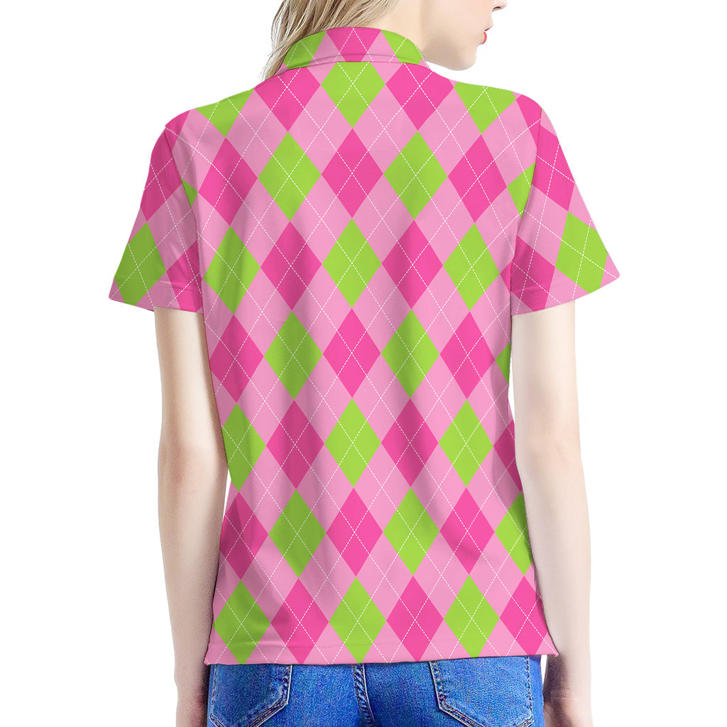 Green And Pink Argyle Pattern Print Women's Polo Shirt
