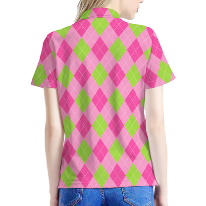 Green And Pink Argyle Pattern Print Women's Polo Shirt
