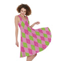 Green And Pink Argyle Pattern Print Sleeveless Knee Length Dress