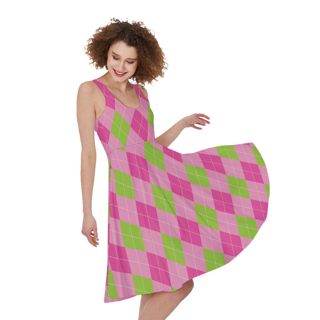 Green And Pink Argyle Pattern Print Women's Sleeveless Dress