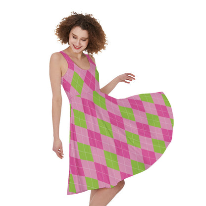 Green And Pink Argyle Pattern Print Women's Sleeveless Dress