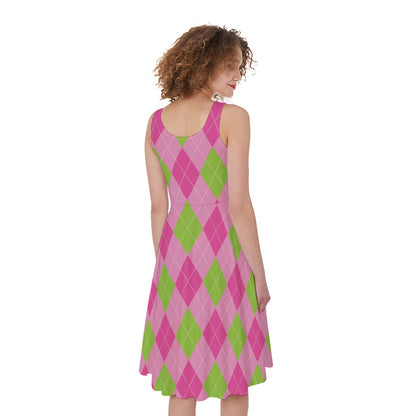 Green And Pink Argyle Pattern Print Women's Sleeveless Dress