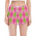 Green And Pink Argyle Pattern Print Women's Split Running Shorts