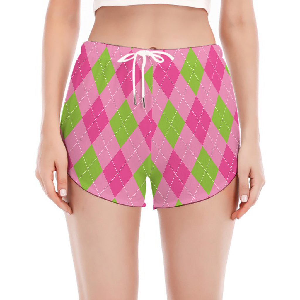 Green And Pink Argyle Pattern Print Women's Split Running Shorts