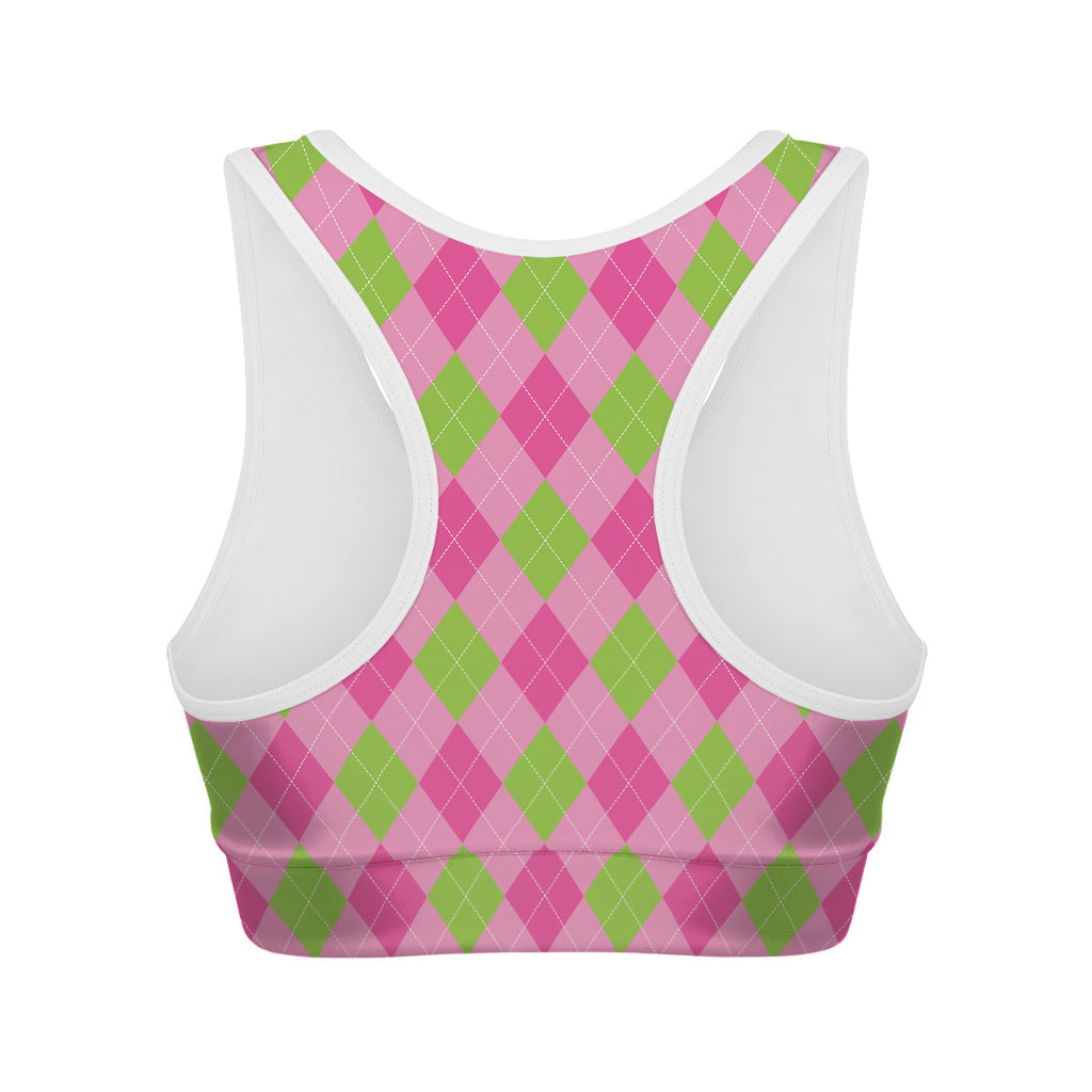 Green And Pink Argyle Pattern Print Women's Sports Bra