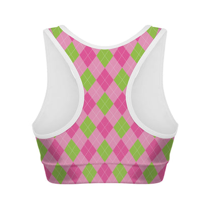 Green And Pink Argyle Pattern Print Women's Sports Bra