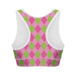Green And Pink Argyle Pattern Print Women's Sports Bra