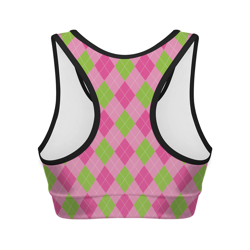 Green And Pink Argyle Pattern Print Women's Sports Bra