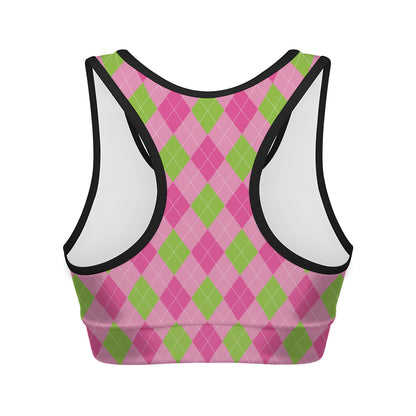 Green And Pink Argyle Pattern Print Women's Sports Bra