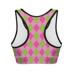 Green And Pink Argyle Pattern Print Women's Sports Bra