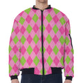 Green And Pink Argyle Pattern Print Zip Sleeve Bomber Jacket
