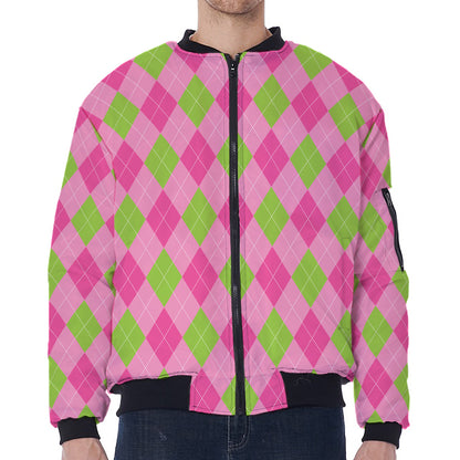 Green And Pink Argyle Pattern Print Zip Sleeve Bomber Jacket