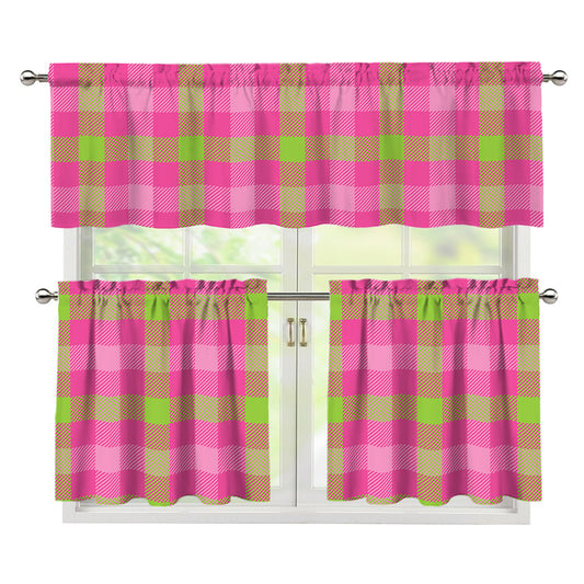 Green And Pink Buffalo Plaid Print 3 Piece Kitchen Curtains