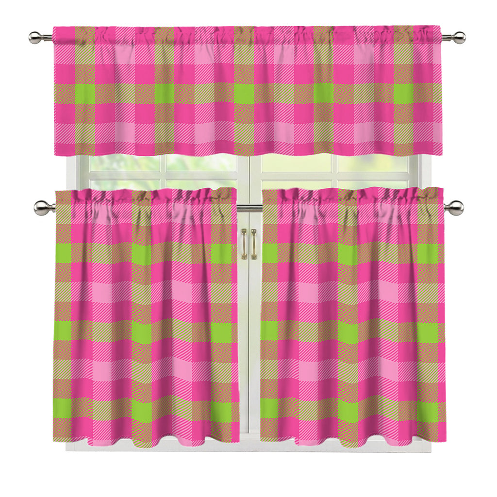 Green And Pink Buffalo Plaid Print 3 Piece Kitchen Curtains