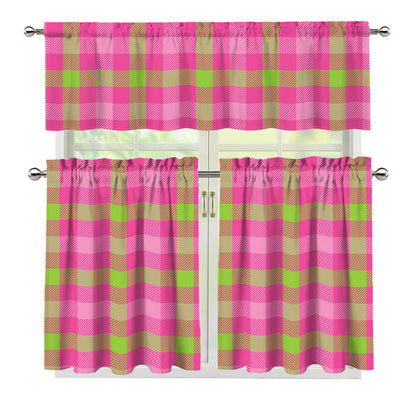 Green And Pink Buffalo Plaid Print 3 Piece Kitchen Curtains