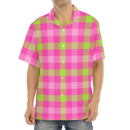 Green And Pink Buffalo Plaid Print Aloha Shirt