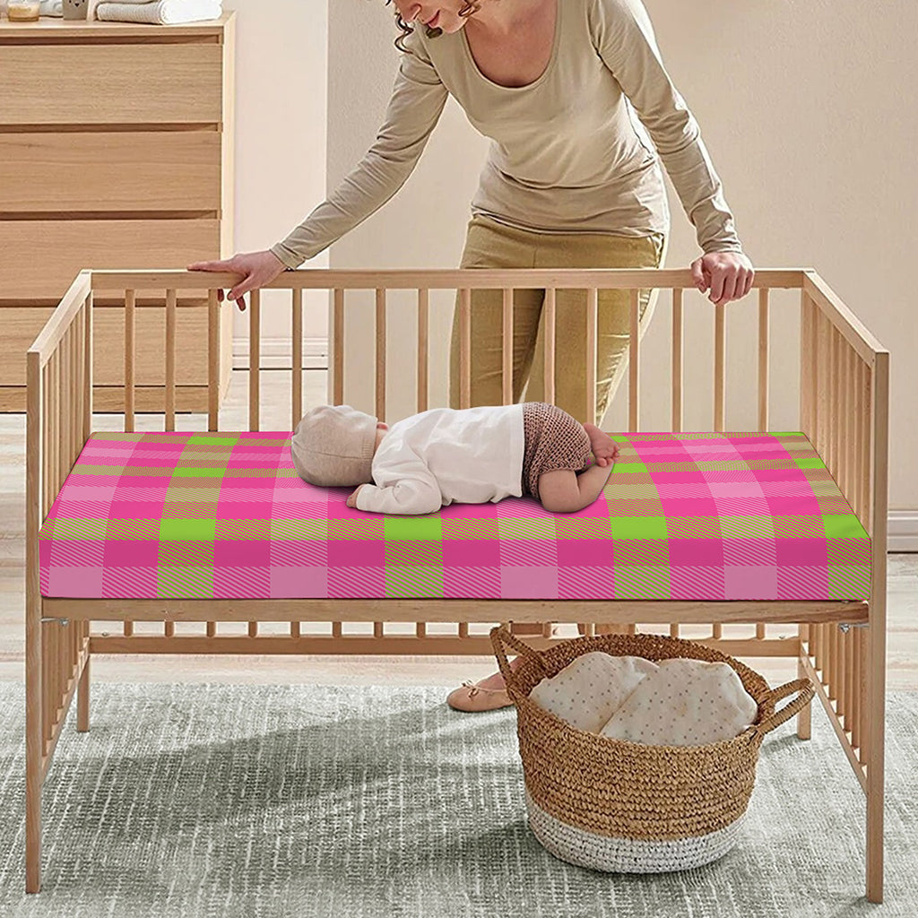Green And Pink Buffalo Plaid Print Baby Crib Sheet