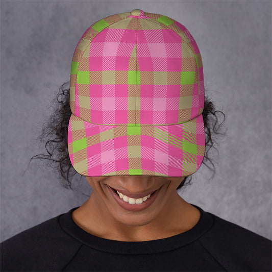 Green And Pink Buffalo Plaid Print Baseball Cap