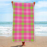 Green And Pink Buffalo Plaid Print Beach Towel