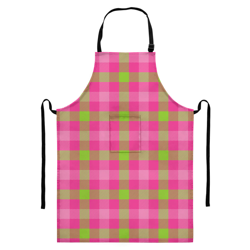 Green And Pink Buffalo Plaid Print Bib Apron With Pocket