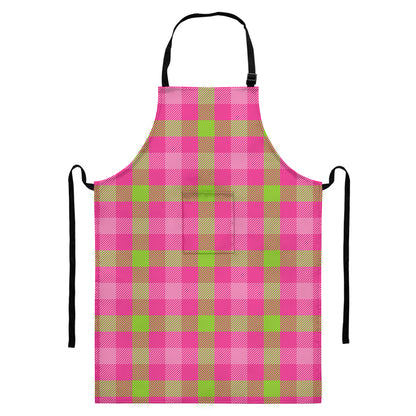 Green And Pink Buffalo Plaid Print Bib Apron With Pocket