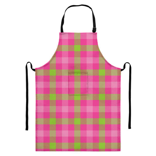 Green And Pink Buffalo Plaid Print Bib Apron With Pocket