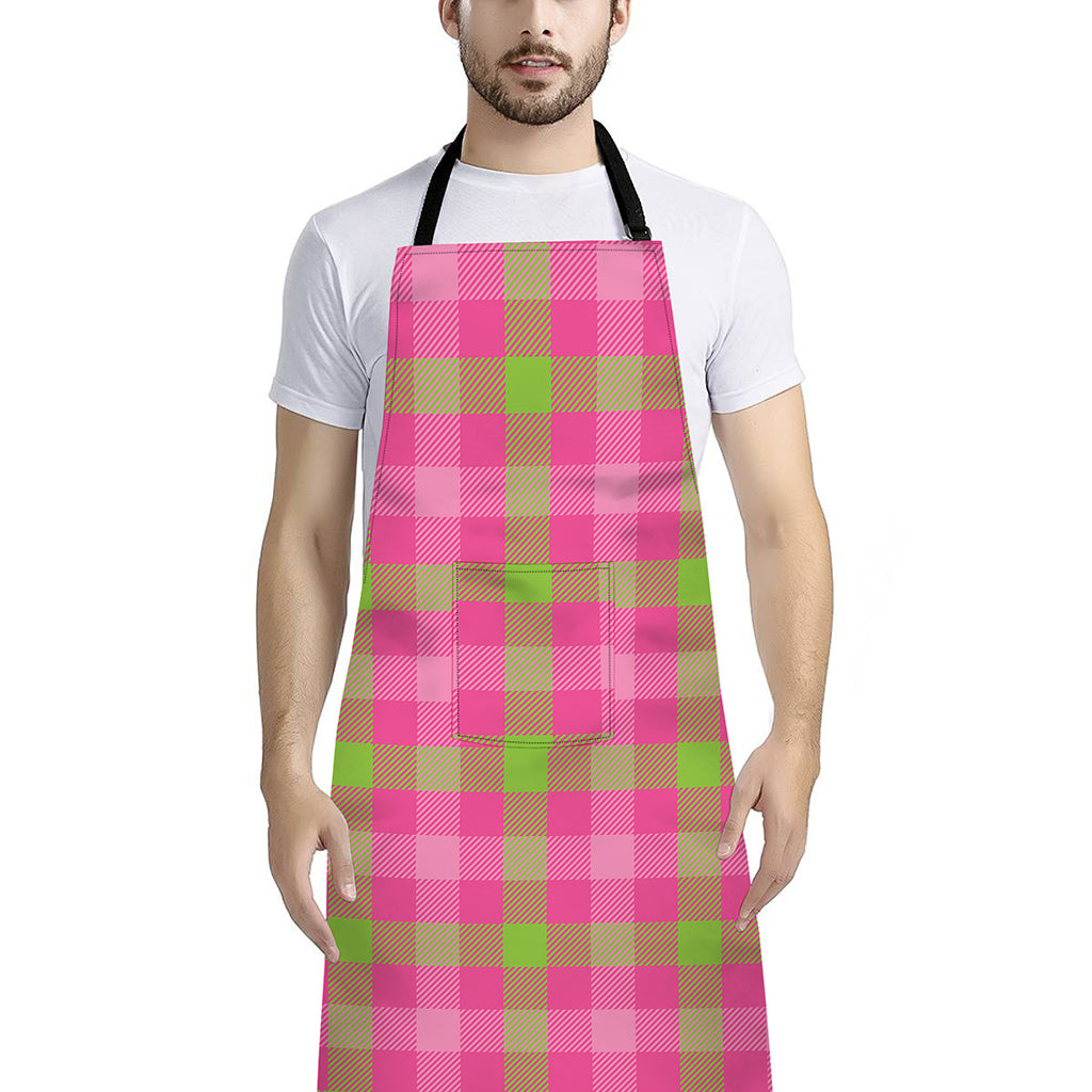 Green And Pink Buffalo Plaid Print Bib Apron With Pocket
