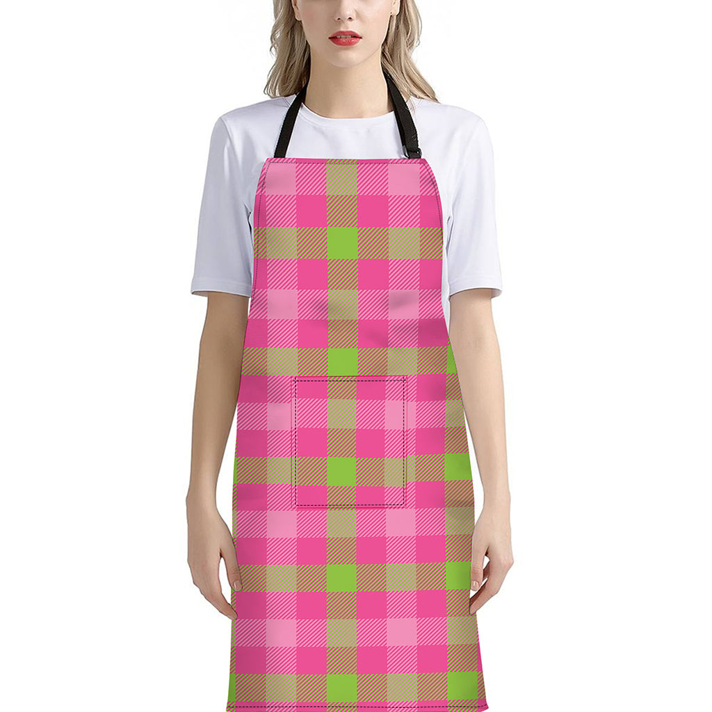 Green And Pink Buffalo Plaid Print Bib Apron With Pocket