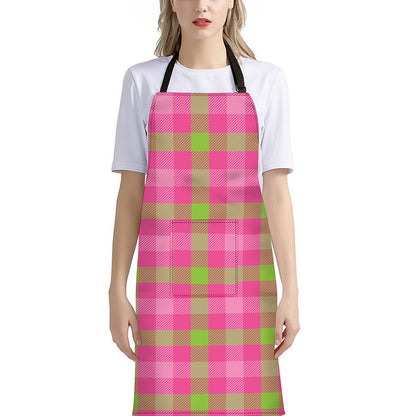 Green And Pink Buffalo Plaid Print Bib Apron With Pocket
