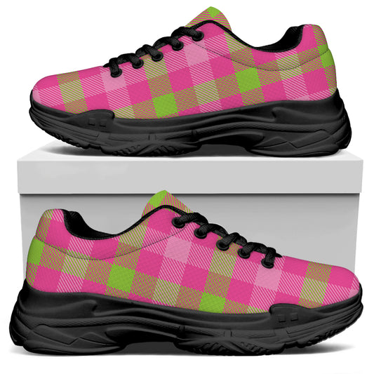 Green And Pink Buffalo Plaid Print Black Chunky Shoes