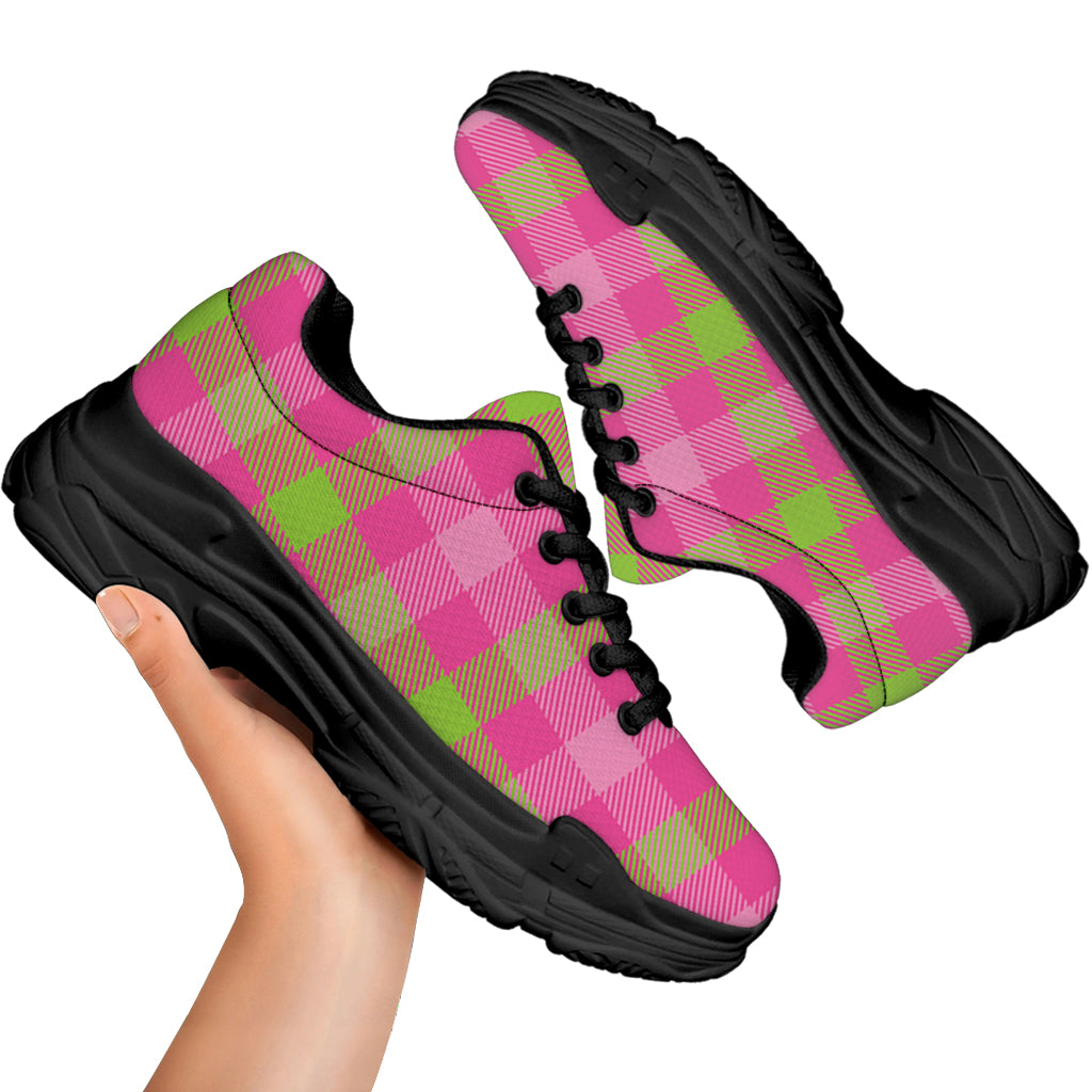 Green And Pink Buffalo Plaid Print Black Chunky Shoes