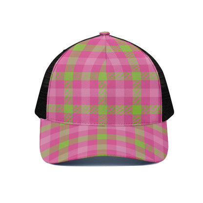 Green And Pink Buffalo Plaid Print Black Mesh Trucker Cap