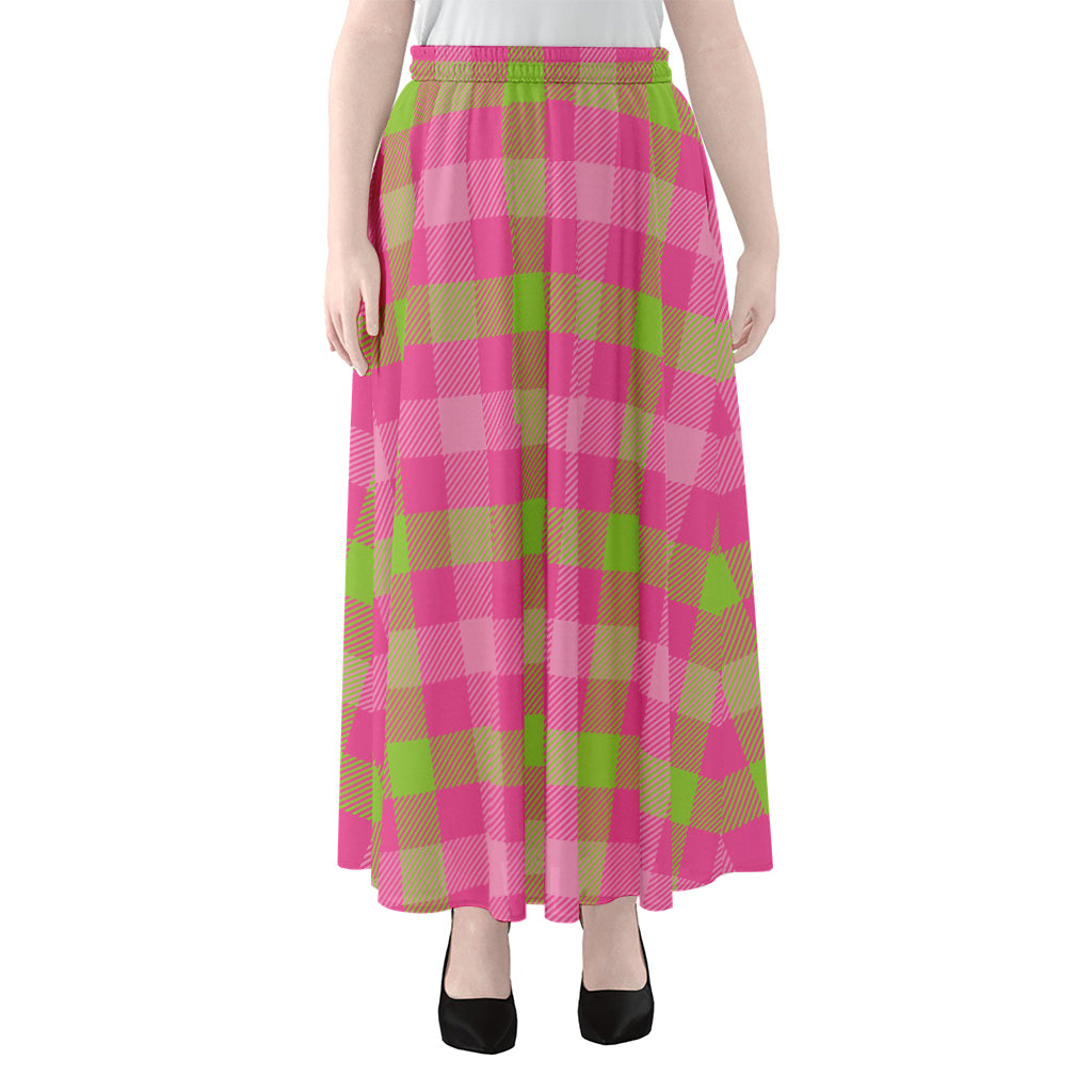 Green And Pink Buffalo Plaid Print Chiffon Maxi Skirt
