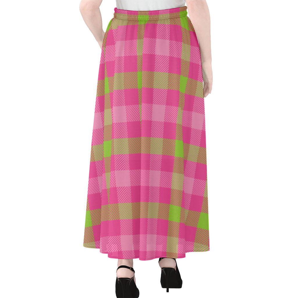 Green And Pink Buffalo Plaid Print Chiffon Maxi Skirt