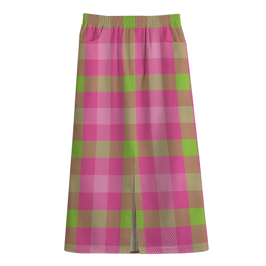 Green And Pink Buffalo Plaid Print Cotton Front Slit Maxi Skirt