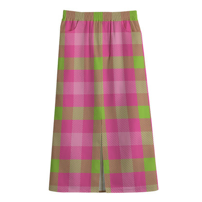Green And Pink Buffalo Plaid Print Cotton Front Slit Maxi Skirt