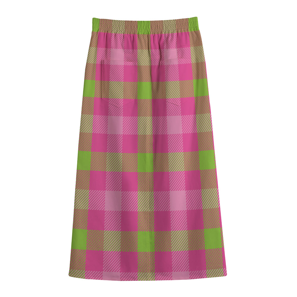 Green And Pink Buffalo Plaid Print Cotton Front Slit Maxi Skirt