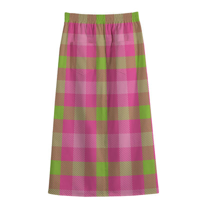 Green And Pink Buffalo Plaid Print Cotton Front Slit Maxi Skirt