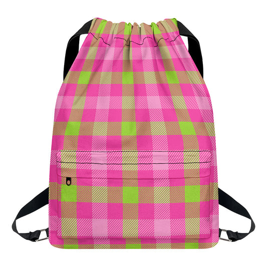 Green And Pink Buffalo Plaid Print Drawstring Backpack