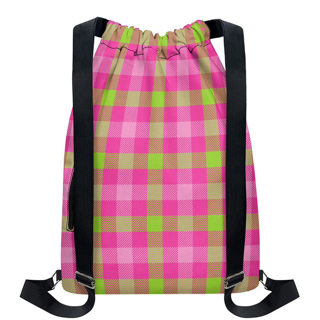 Green And Pink Buffalo Plaid Print Drawstring Backpack