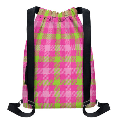 Green And Pink Buffalo Plaid Print Drawstring Backpack