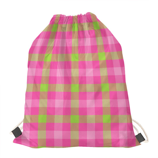 Green And Pink Buffalo Plaid Print Drawstring Bag