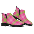 Green And Pink Buffalo Plaid Print Flat Ankle Boots