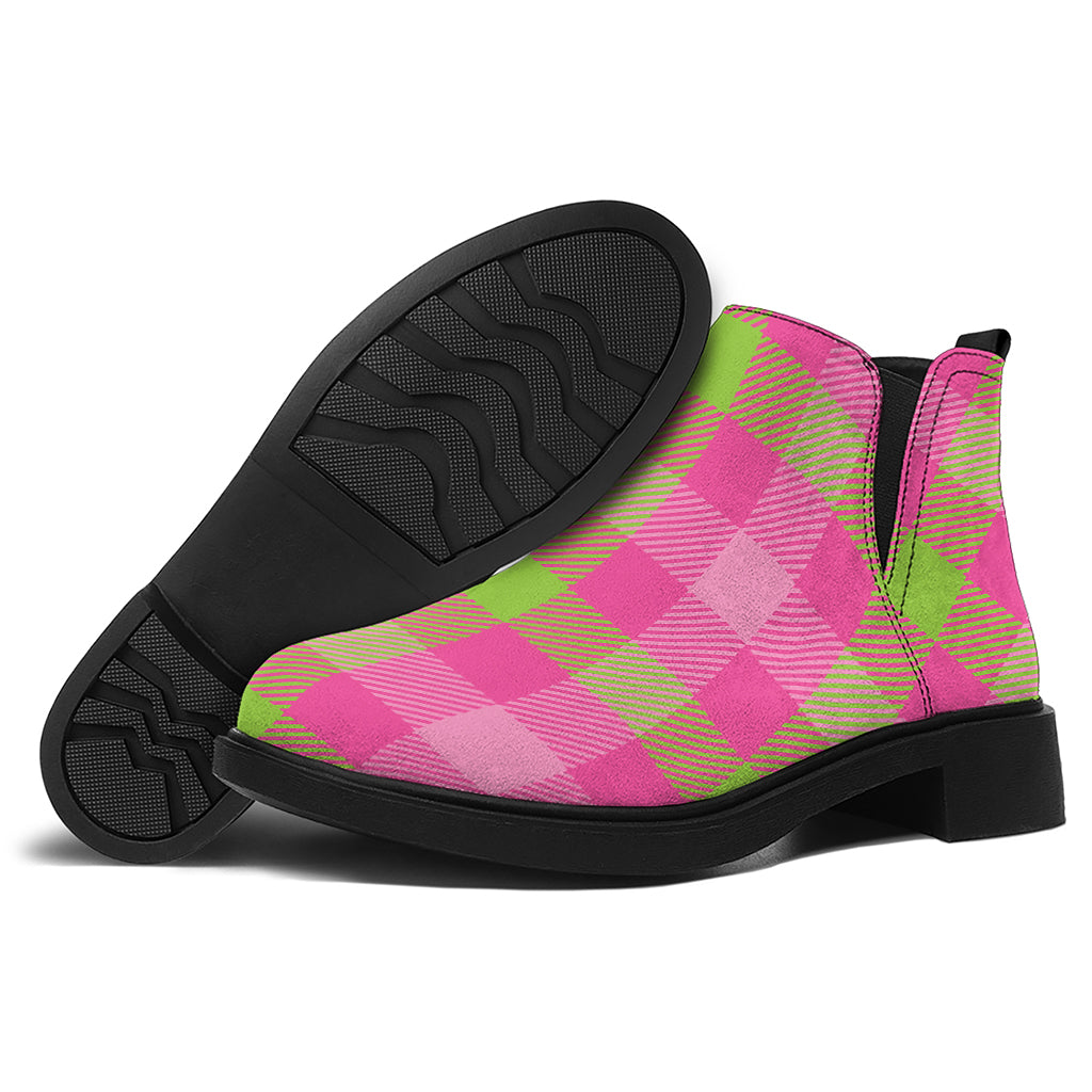 Green And Pink Buffalo Plaid Print Flat Ankle Boots