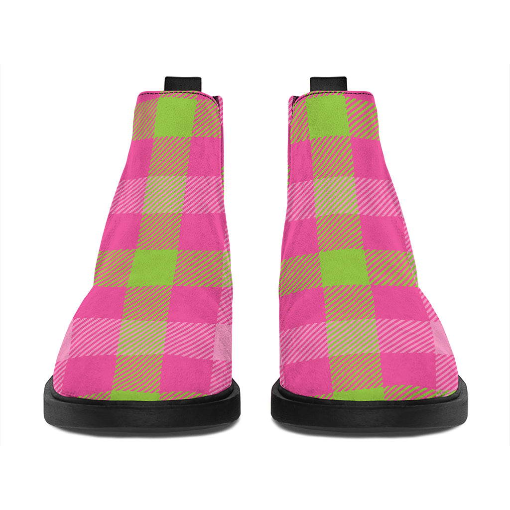 Green And Pink Buffalo Plaid Print Flat Ankle Boots