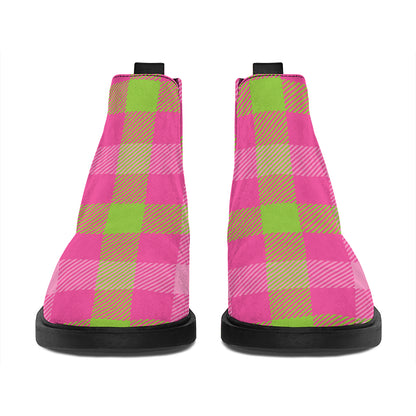 Green And Pink Buffalo Plaid Print Flat Ankle Boots